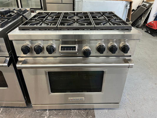 Wolf 36 Inch Pro-Style Dual-Fuel Range,DF366,5.4 Cu Ft. Dual Convection Oven,6 Dual-Stacked Sealed Burners, 10 Cooking Modes, Temperature Probe,Continuous Grates,Piboting Hidden Touch Controls,Star-K Certified,Natural,Gas,Stainless Steel,Used,369417