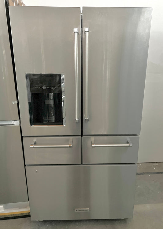 KitchenAid  KRMF706ESS 36 Inch 5-Door French Door Refrigerator 25.8 cu. ft., 5 Shelves, 2 Soft-Close Drawers, Exterior Ice/Water Dispenser Stainless Steel 369527