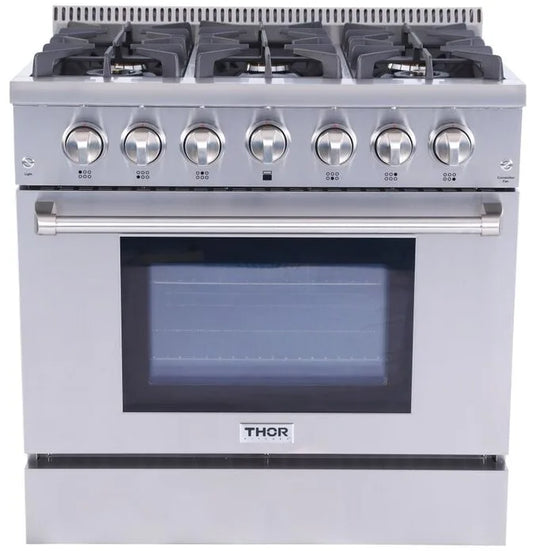 Thor Kitchen HRG3618ULP 36 Inch Freestanding Gas Range 6 Sealed Burners, Convection, Infrared Broil Burner, Dual Burners, Continuous Grates, , Automatic Re-Ignition, Porcelain Drip Pan, Blue Porcelain Liquid Propane 369581
