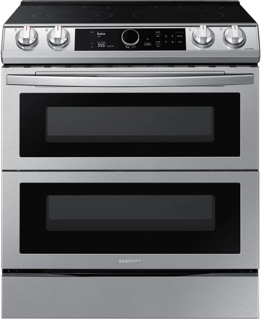 Samsung 30 Inch Slide-In Electric Smart Range NE63T8751SS,5-Element Cooktop, Dual Oven,6.3 Cu. Ft.,Air Fry, Convection,Self + Steam Clean,Smart Dial,Flex Double,Wi-Fi,Voice-Enabled,Express Boil,CSA,Star-K,ADA,Stainless Steel,Steam,New,999131