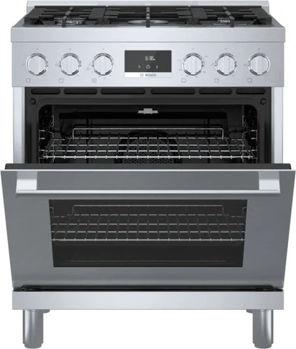 Bosch 800 Series  HGS8055UC 30 Inch Freestanding Gas Range with 5 Sealed Burners, 3.6 cu. ft. Oven Capacity, 3 Cooking Modes, and Double Ring Power Burner: Stainless Steel , 369382