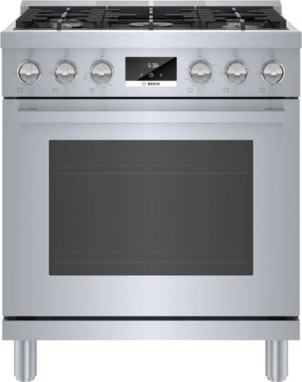 Bosch 800 Series  HGS8055UC 30 Inch Freestanding Gas Range with 5 Sealed Burners, 3.6 cu. ft. Oven Capacity, 3 Cooking Modes, and Double Ring Power Burner: Stainless Steel , 369382