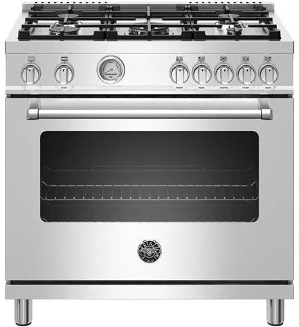 Bertazzoni  MAST365GASXE 36 Inch Gas Range 5 Sealed Burners, 5.9 cu. ft. Oven Capacity, Continuous Grates, Dual Convection Fan, Temperature Gauge Monitors, Infrared Gas Broiler, Soft-Motion Door, CSA, Stainless Steel, Natural Gas, 369346