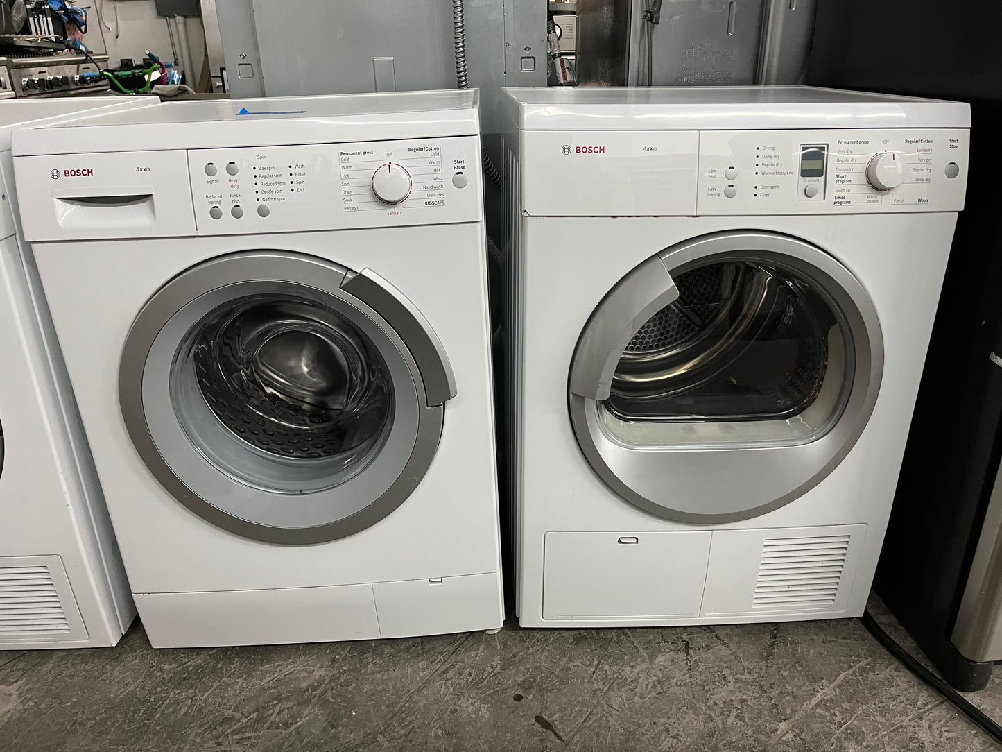 Bosch Axxis WAS20160UC 24 Inch Front-Load Washer 2.2 cu. ft., 15 Wash Programs, Touch Controls 1,000 RPM Spin Speed, Bosch Axxis  WTE86300US 24 Inch Ventless Electric Dryer with 3.9 cu. ft., 11 Drying Cycles, 4 Drying Options, LED Anticrease , 369297