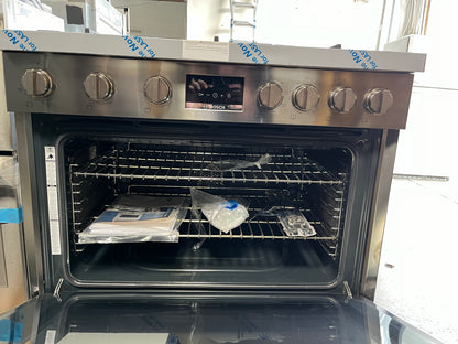 Bosch 800 Series  HDS8655U 36 Inch Freestanding Dual Fuel Range with 6 Sealed Burners, 3.7 cu. ft. Oven Capacity, European Convection, Dampened Hinges, and Double Ring Burner, 369342