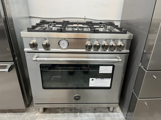 Bertazzoni  MAST365GASXE 36 Inch Gas Range 5 Sealed Burners, 5.9 cu. ft. Oven Capacity, Continuous Grates, Dual Convection Fan, Temperature Gauge Monitors, Infrared Gas Broiler, Soft-Motion Door, CSA, Stainless Steel, Natural Gas, 369346