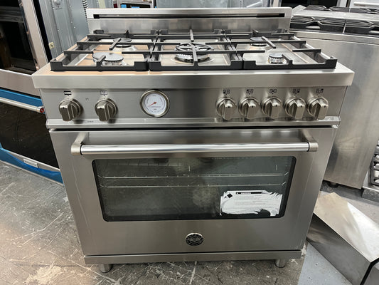 Bertazzoni  MAST365DFMXE 36 Inch Dual Fuel Natural Gas Range with 5 Sealed Burners, 5.9 Cu. Ft. Oven Capacity, Continuous Grates, 6-Pass Electric Broiler, Elegant Temperature Gauge, 19000 BTU Power Burners, CSA ,Stainless Steel, 369303