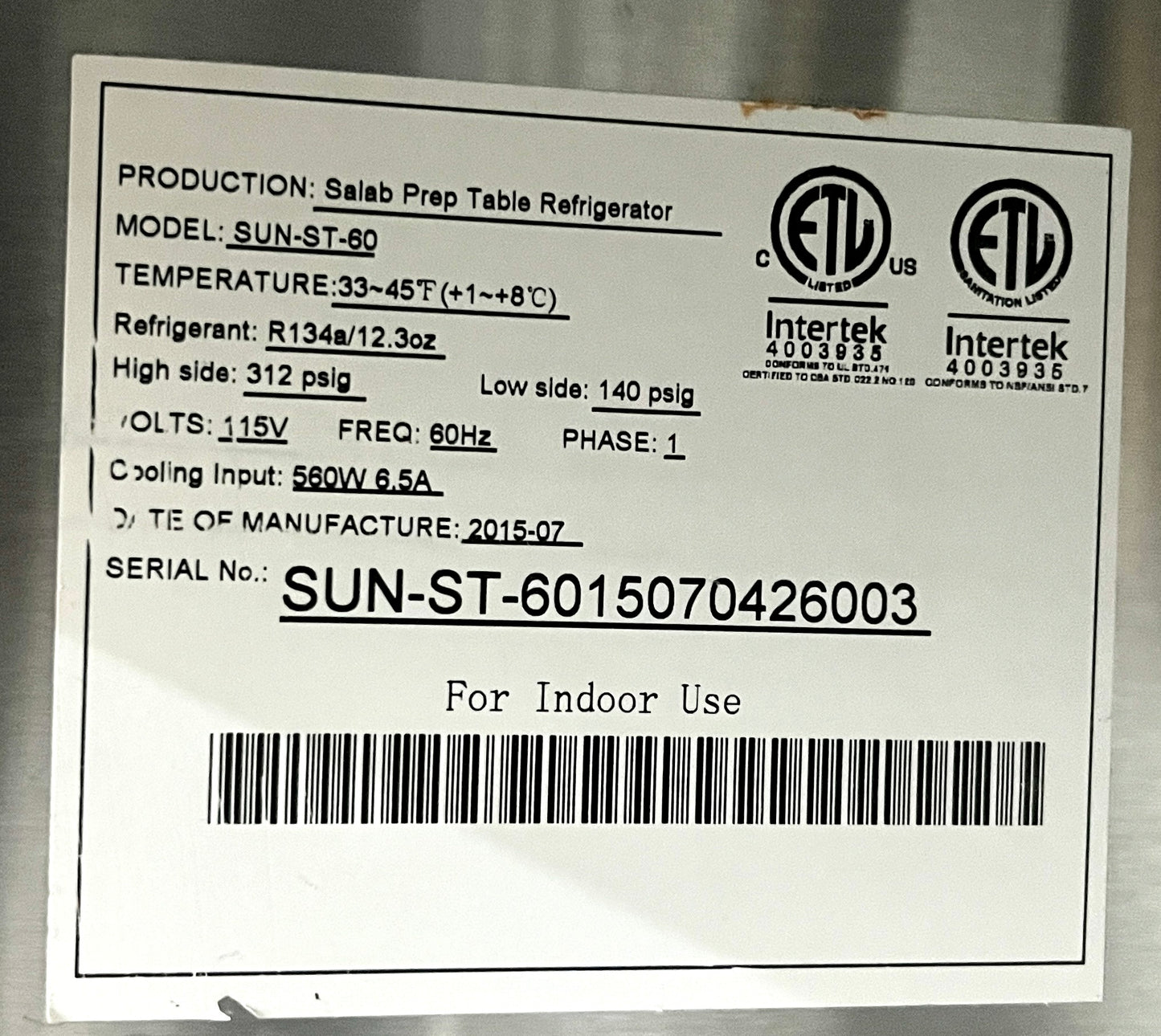 Sun Ice Commercial Refrigerator 60 Inch Prep Table Refrigerator , SUNST60 Stainless Steel , Used , 369365