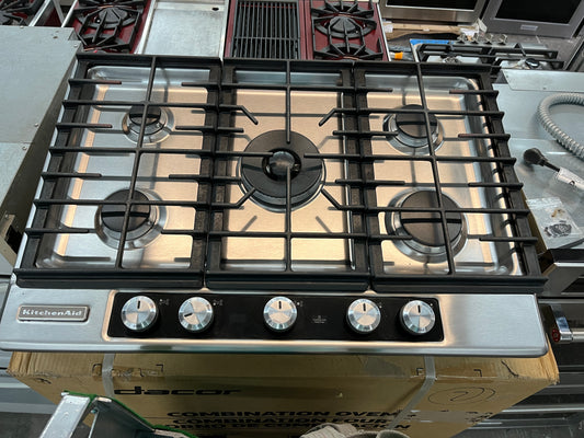 Kitchenaid KFGU706VSS 30 Inch Gas Cooktop 5 Sealed Burners, Electronic Ignition, Hot Surface Indicator Lights and Infinite Position Control Knobs , 369180