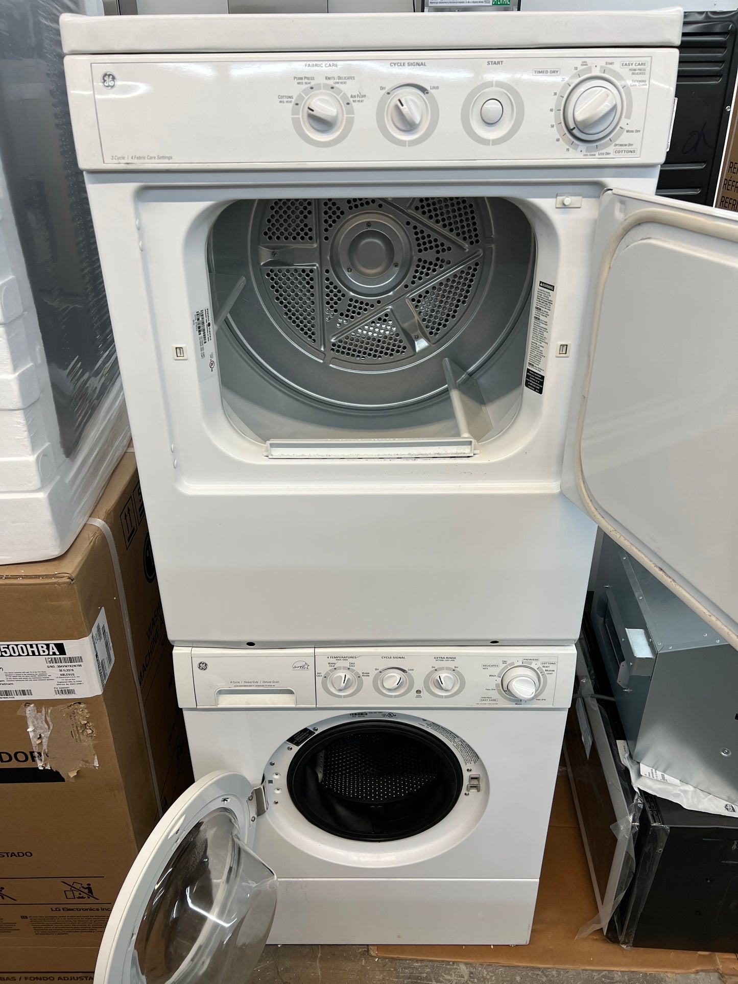 GE Front Load Washer and Electric Dryer Set White Stackable, laundry Center , 369195