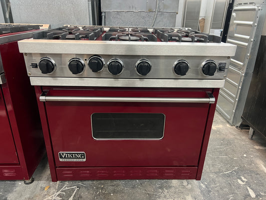 Viking Professional 36 Inch Gas 6 Sealed Burner Gas Range Convection Oven, Red with Stainless Steel Color , 369169