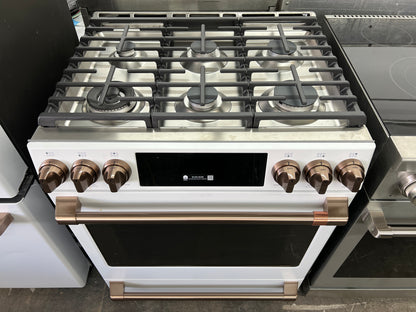 GE Cafe CGS700P4MW2 30 Inch Slide-In Gas Smart Range 6 Sealed Burners, 5.6 Cu. Ft. Oven, Storage Drawer, Continuous Grates, Self-Clean, Steam Clean, Chef Connect, 21K Triple Ring Burner, Enhanced Shabbos Mode Capable, CSA, ADA, Matte White , 369393