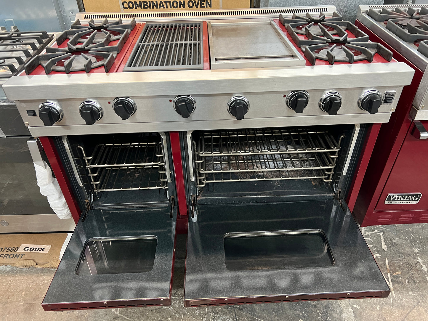 Viking 48 Inch VGRC4854GQDBU Red Stainless Steel Gas Range, Griddle, Grill, 4 Burners, 2 Ovens, 777112