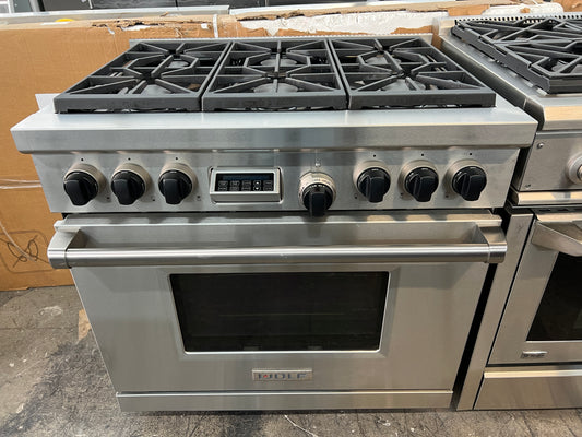 Wolf 36 Inch Pro-Style Dual-Fuel Range,DF366,5.4 Cu Ft. Dual Convection Oven,6 Dual-Stacked Sealed Burners, 10 Cooking Modes, Temperature Probe,Continuous Grates,Piboting Hidden Touch Controls,Star-K Certified,Natural,Gas,Stainless Steel,Used,369132
