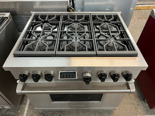 Wolf 36 Inch Pro-Style Dual-Fuel Range,DF366,5.4 Cu Ft. Dual Convection Oven,6 Dual-Stacked Sealed Burners, 10 Cooking Modes, Temperature Probe,Continuous Grates,Piboting Hidden Touch Controls,Star-K Certified,Natural,Gas,Stainless Steel,Used,369133