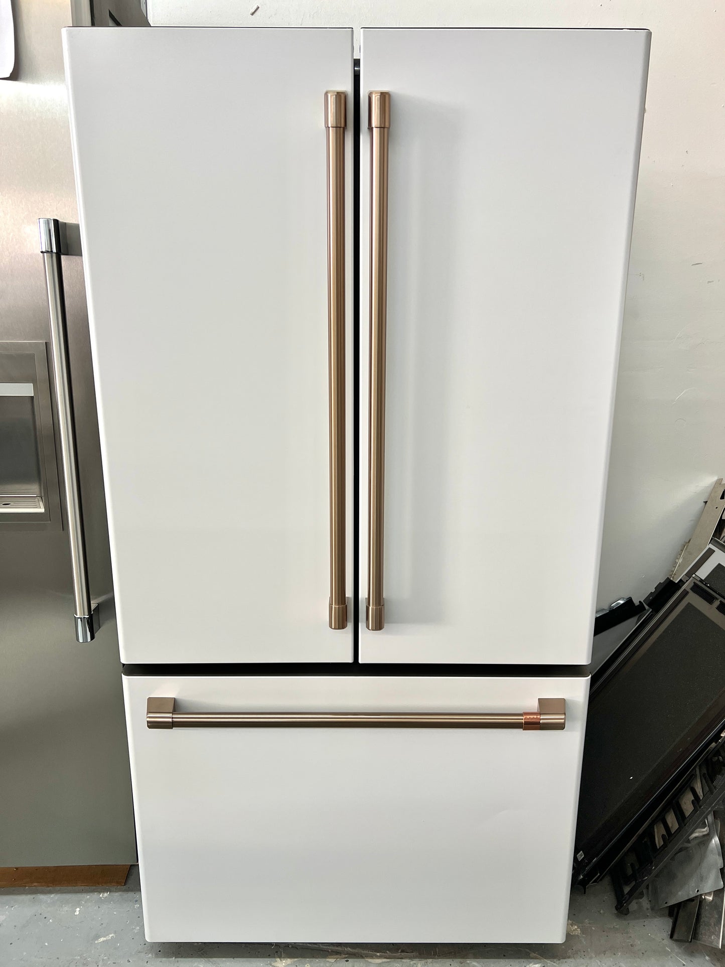 GE Cafe CWE23SP4MW2 36 Inch Counter Depth French Door Smart Refrigerator 23.1 Cu. Ft., TwinChill Evaporators,, Wi-Fi, Water Ice, ENERGY STAR, Matte White Brushed Bronze Handles , 369394