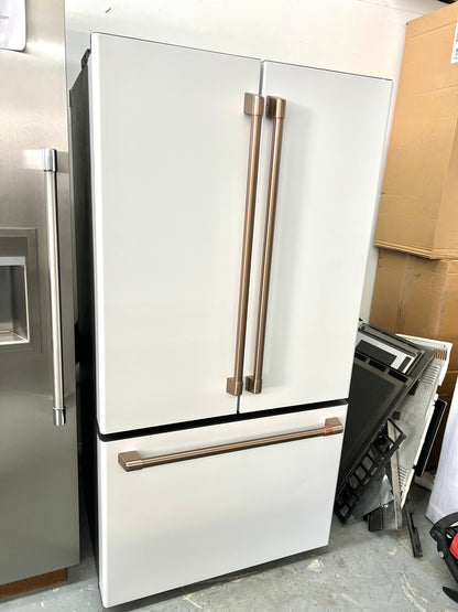 GE Cafe CWE23SP4MW2 36 Inch Counter Depth French Door Smart Refrigerator 23.1 Cu. Ft. TwinChill Evaporators Wi-Fi Water Ice  Matte White Brushed Bronze Handles  New Open Box 369394