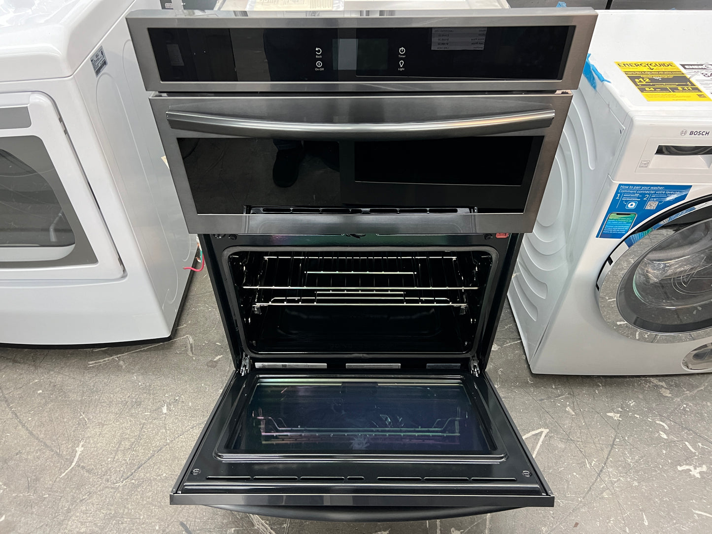 Frigidaire GCWM3067AD 30 Inch Combination Electric Wall Oven Air Fry, 7.0 Cu. Ft. , Convection Oven, Steam and Self Clean, Slow Cook, Steam Bake, Microwave Oven Combo, Black Stainless Steel New Open Box 369433