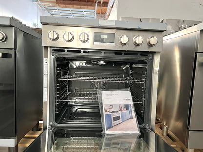 Bosch 800 Series  HGS8055UC 30 Inch Freestanding Gas Range 5 Sealed Burners, 3.6 cu. ft. Convection Oven  Double Ring Power Burner Stainless Steel , 369382