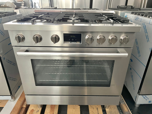 Bosch 800 Series  HGS8655UC 36 Inch Gas Range 6 Sealed Burners, 3.4 cu. ft. Oven, Continuous Grates, Convection Oven, Self-Cleaning Stainless Steel New Open Box Stainless Steel 369530