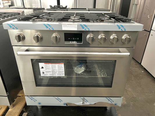 Bosch 800 Series  HDS8655U 36 Inch Freestanding Dual Fuel Range with 6 Sealed Burners, 3.7 cu. ft. Oven Capacity, European Convection, Dampened Hinges, and Double Ring Burner 369531