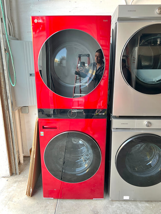 LG  WKEX200HRA 27 Inch Electric WashTower 4.5 cu. ft. Washer, 7.4 cu. ft. Dryer, Turbo Wash 360, Allergiene Wash Cycle, LG ThinQ, AI Fabric Sensor, ENERGY STAR Candy Apple Red New Open Box 369504
