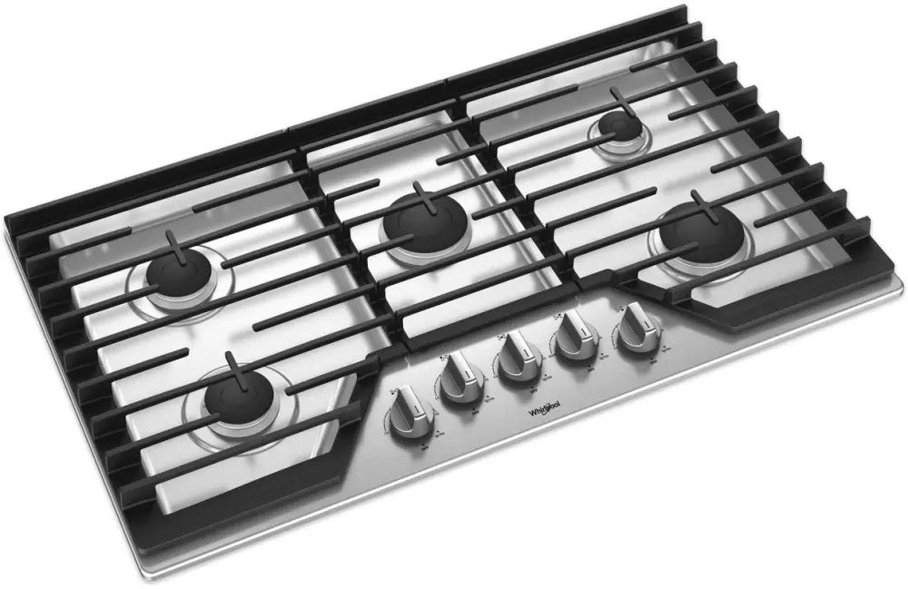 Whirlpool  WCG55US6HS 36 Inch Gas Cooktop with 5 Sealed Burners, EZ-2-Lift Hinged Grates, SpeedHeat™ Burner, AccuSimmer® Burner, Upswept SpillGuard Cooktop, and Dishwasher-Safe Knobs: Stainless Steel, 999145