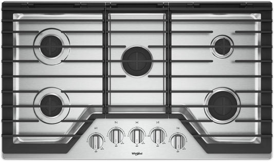Whirlpool  WCG55US6HS 36 Inch Gas Cooktop with 5 Sealed Burners, EZ-2-Lift Hinged Grates, SpeedHeat™ Burner, AccuSimmer® Burner, Upswept SpillGuard Cooktop, and Dishwasher-Safe Knobs: Stainless Steel, 999145