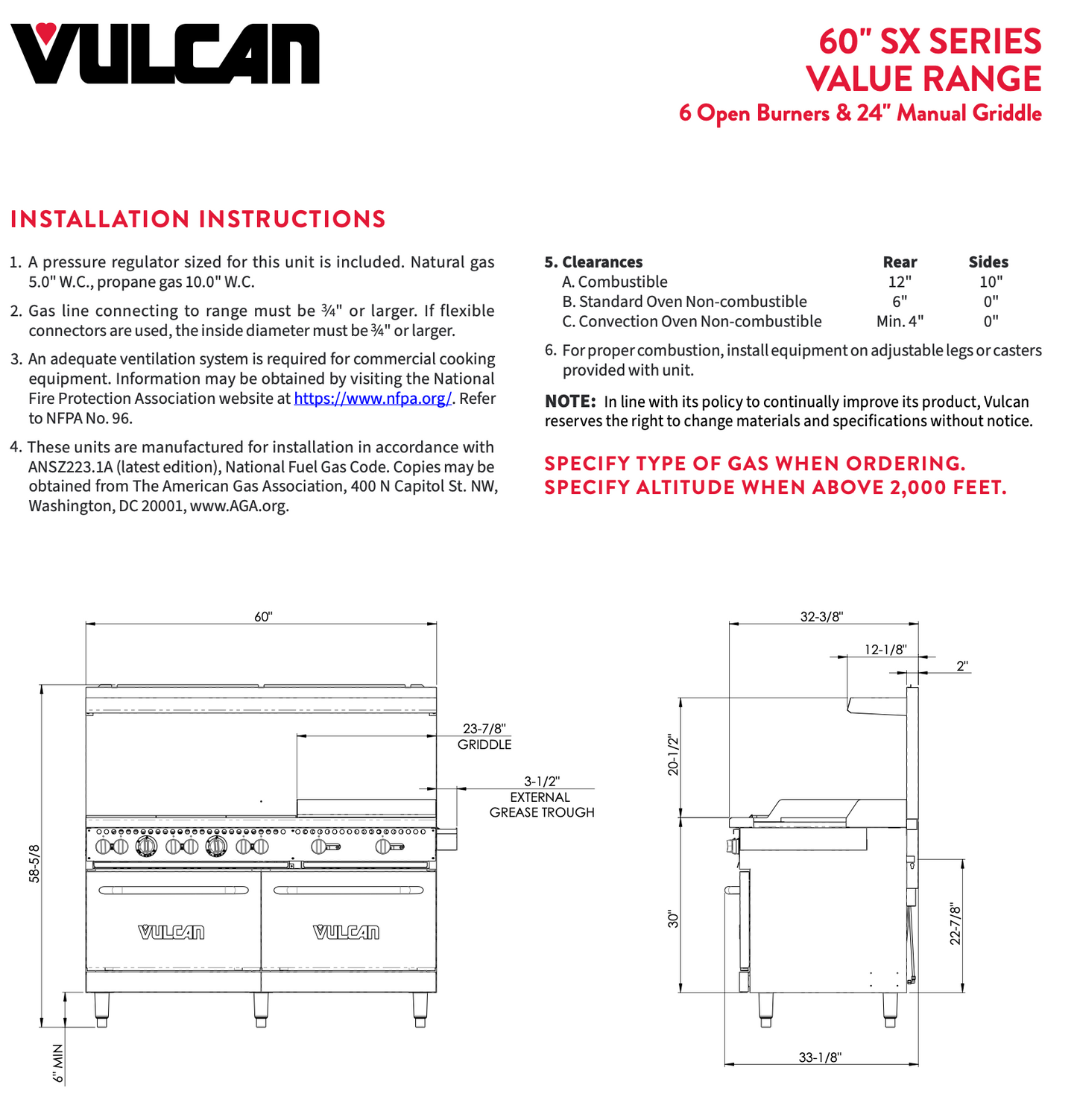 60 Inch Vulcan SX Series Stainless Steel Gas Range 6 Burners, with Griddle, 2 Ovens, Commercial, for Restaurant 369144