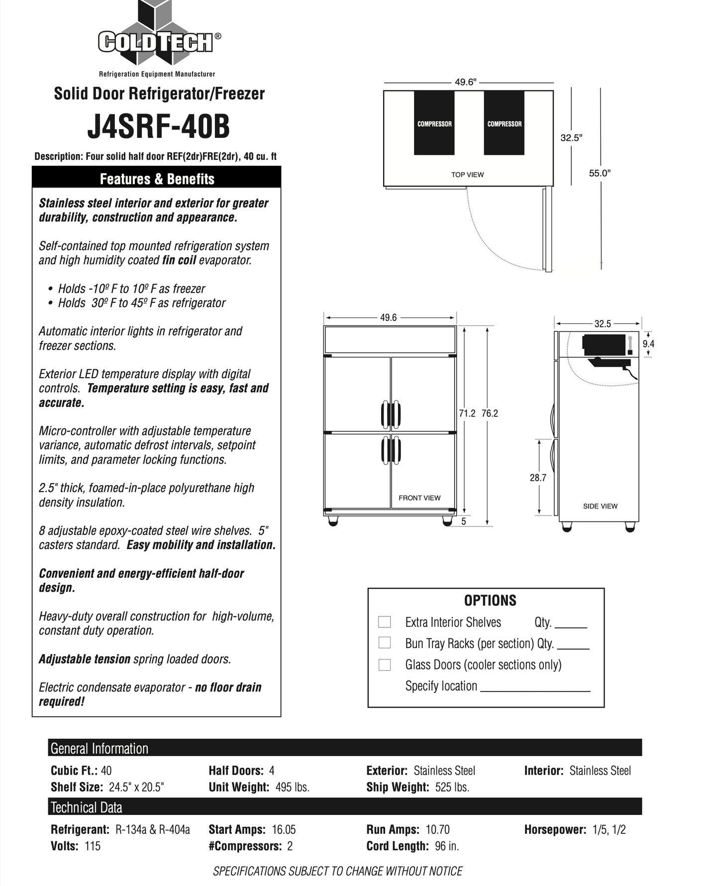 ColdTech J4SRF-40B 49 Inch 4-Door Commercial Refrigerator and Freezer , For Restaurant Stainless Steel 369111