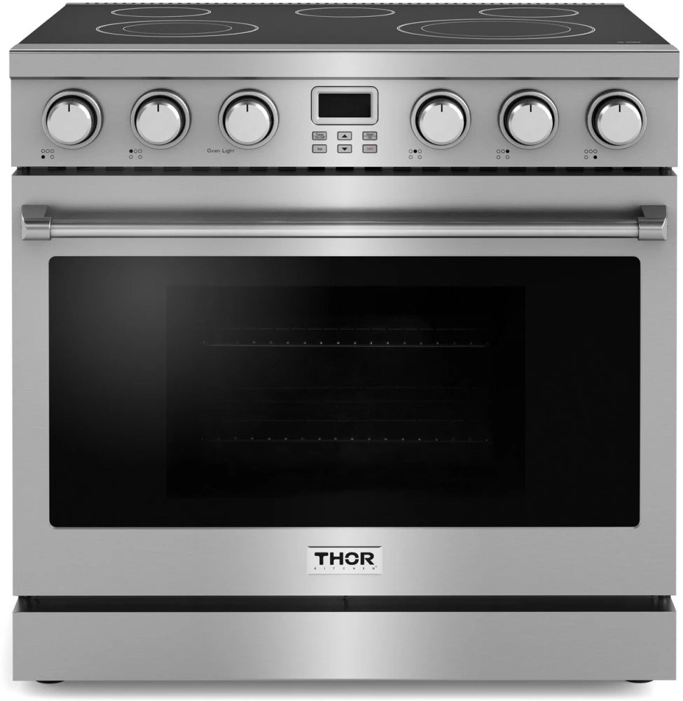 Thor Kitchen 36 Inch ARE36 Professional Electric Range 5 Elements, 6 cu. ft. Oven, Black Glass Top, LED Display Screen, and Convection Fan , 369395