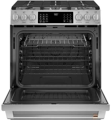 GE Cafe C2S900P2MS 30 Inch Slide-In Dual Fuel Smart Range with 6 Sealed Burners, 5.7 Cu. Ft. Oven Capacity, Warming Drawer, Continuous Grates, Self-Clean, Steam Clean,Shabbos Mode, 21K Triple Ring Burner, ADA,Stainless Steel, 999509
