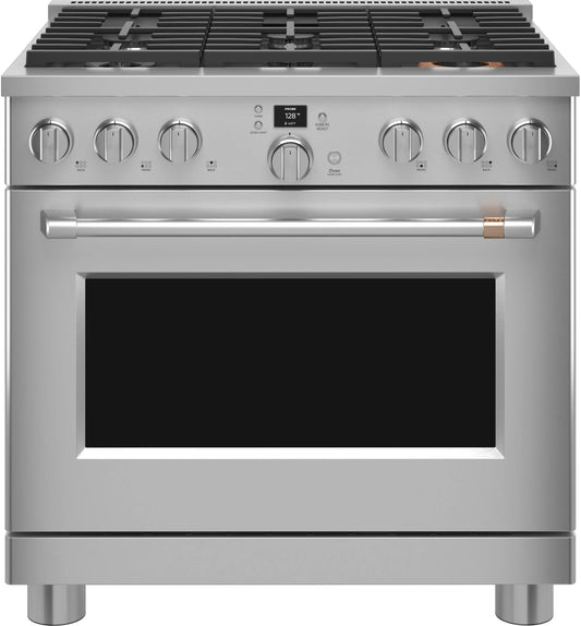 Cafe  C2Y366P2TS1 36 Inch Smart Dual Fuel Professional Range 6 Sealed Burners, 5.75 Cu. Ft. Capacity, True Convection Reverse Air, Self Clean with Steam Option, Self Clean Bake Racks, Wi-Fi, Temperature Probe ADA, Stainless Steel , 369392