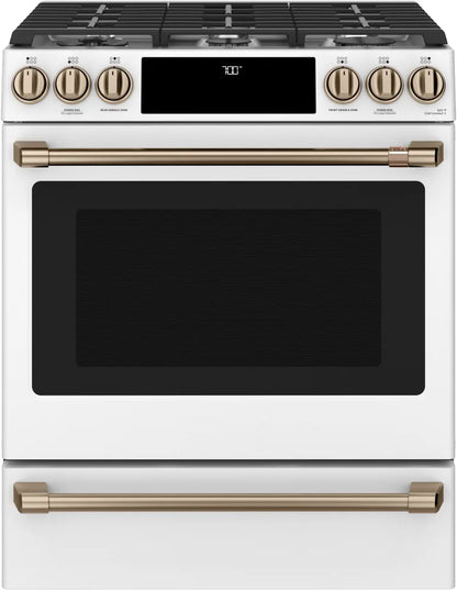 GE Cafe CGS700P4MW2 30 Inch Slide-In Gas Smart Range 6 Sealed Burners, 5.6 Cu. Ft. Oven, Storage Drawer, Continuous Grates, Self-Clean, Steam Clean, Chef Connect, 21K Triple Ring Burner, Enhanced Shabbos Mode Capable, CSA, ADA, Matte White , 369393
