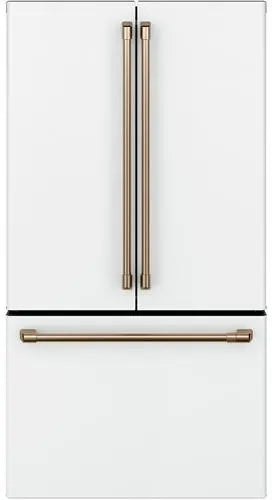 GE Cafe CWE23SP4MW2 36 Inch Counter Depth French Door Smart Refrigerator 23.1 Cu. Ft. Capacity, TwinChill™ Evaporators, Temperature-Controlled Drawer, Wi-Fi, Water Ice, ENERGY STAR, Matte White Brushed Bronze Handles , 369394