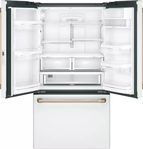 GE Cafe CWE23SP4MW2 36 Inch Counter Depth French Door Smart Refrigerator 23.1 Cu. Ft., TwinChill Evaporators,, Wi-Fi, Water Ice, ENERGY STAR, Matte White Brushed Bronze Handles , 369394