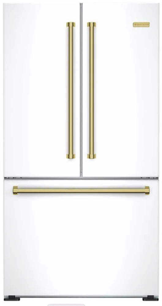 BlueStar Culinary Series  FBFD361PWPLT 36 Inch French Door Refrigerator 19.9 cu. ft. Total Capacity, Adjustable Glass Shelving, Internal Water Dispenser, Ice Maker, LED Lighting, Digital Display, Gloss White RAL, Brass Trim , 369526