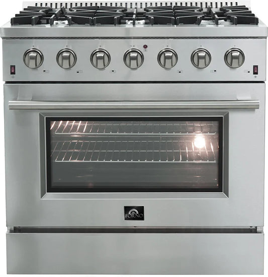 Forno FFSGS624436 36 Inch Ancona Professional Gas Range 6 Sealed Burners, Convection Oven, Cast Iron Continuous Grate, Triple Layered Glass Door, Italian Defendi Burners, ETL Stainless Steel New Open Box 369588