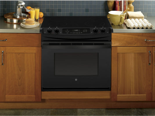 GE JD630DTBB 30 Inch Drop In Electric Range 4 Elements, 4.4 cu. ft. Oven, Ceramic Glass Cooktop, Dual Element Bake, Self-Clean, Delay Bake, Sabbath Mode, Power Boil, UL Listed, ADA Black on Black , Slide In , New Open Box 369587