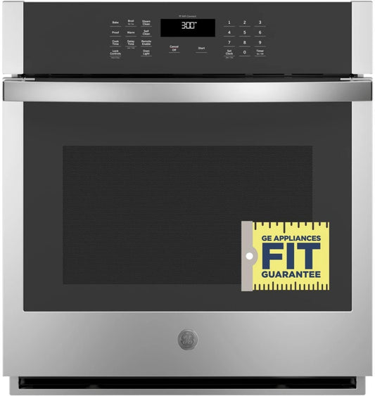 GE JKS3000SN2SS 27 Inch Built-In Single Wall Oven 4.3 cu. ft. , Scan-to-Cook, Fit Guarantee, Glass Touch Controls, Heavy-Duty Oven Racks, WiFi Connect, Self-Clean with Steam Clean Option, 10-Pass Bake Element, Sabbath Mode, ADA, UL Stainless Steel, 369533