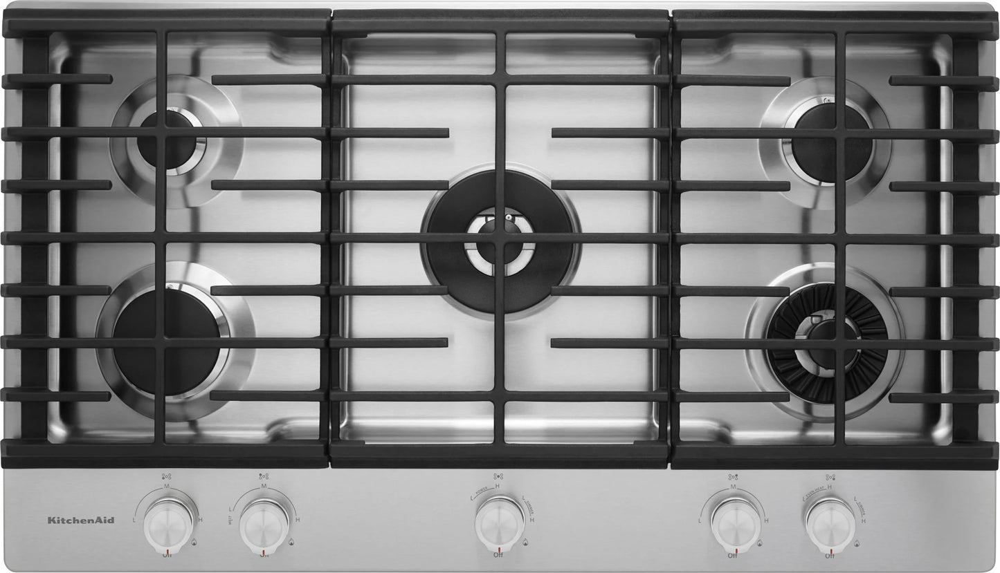 KCGS556ESS KitchenAid 36 Inch Gas Cooktop,5 Sealed Burners,Professional Dual Ring Burner,Even-Heat Simmer Burner,Continuous Full-Width Cast-Iron Grates,Metal Control Knobs,CookShield Finish,Electronic Ignition,Stainless Steel,369143