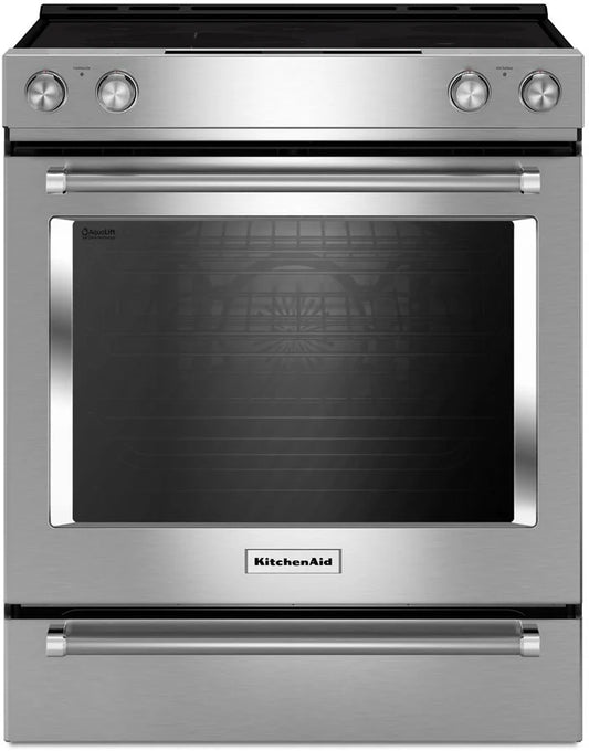 KitchenAid KSEG700ESS 30 Inch Slide In Electric Range with 5 Elements, 6.4 cu. ft. Convection Oven, Triple Cooking Zone, Warm Zone, AquaLift Self Clean, ADA Stainless Steel , New Open Box 369468