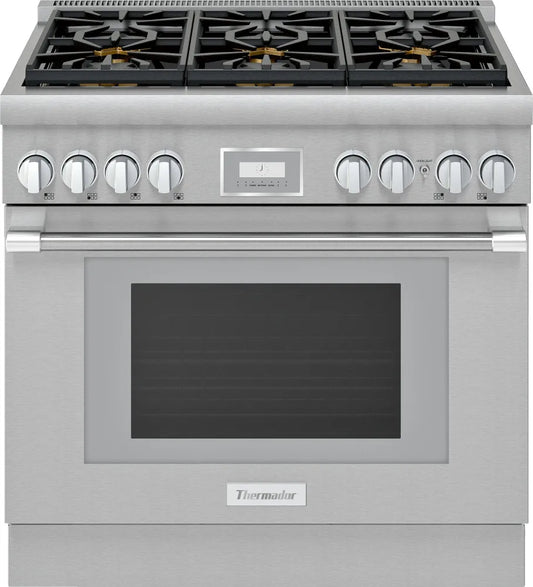 Thermador Pro Harmony Professional Series PRG366WH 36 Inch Freestanding Gas Smart Range 6 Sealed Burners, 5.1 cu. ft. Oven, Convection Oven, Sabbath, Pedestal Star Burners New Open Box Stainless Steel 369458