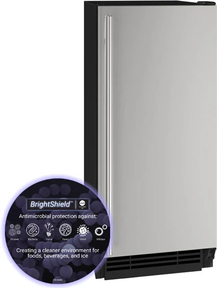 U-Line BrightShield Series  UHCP115SS81A 15 Inch Clear Cube Ice Maker 55 lbs Daily Production, 25lbs Storage Capacity, Heavy Duty Ice Scoop, Field Reversible Door, Pump Included, Drain Required, Adjustable Leveling Legs Stainless  , 369476