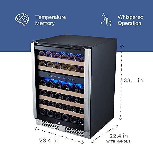 STAIGIS 24 Inch Wine Refrigerator, Under Counter Dual Zone Wine Cooler Stainless Steel Frame Glass Door, 46 Bottles Wine Fridge for Built In or Freestanding with Concealed Pull Design, 369348