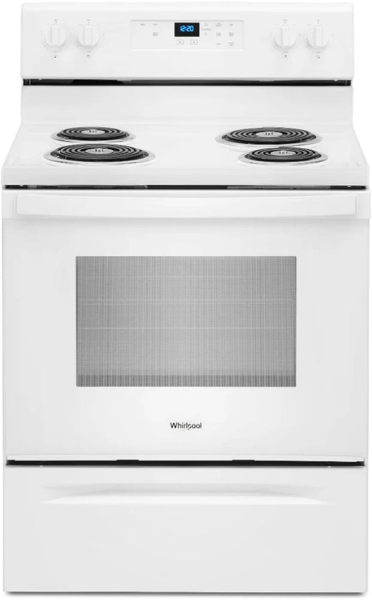 Whirlpool  WFC150M0JW 30 Inch Electric Range 4 Coil Elements, 4.8 Cu. Ft. Oven, Storage Drawer, Manual Clean, Keep Warm Setting, Closed Door Broiling, Control Lock, Upswept SpillGuard Cooktop White , 369500