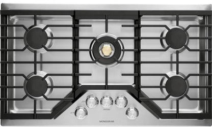 GE Monogram  ZGU36RSLSS 36 Inch Gas Cooktop with 5 Dual-Flame Burners, Continuous Grates, Electronic Ignition, Precision Knobs, Cast Iron Griddle, Tri-Ring Burner and ADA Compliant,369241
